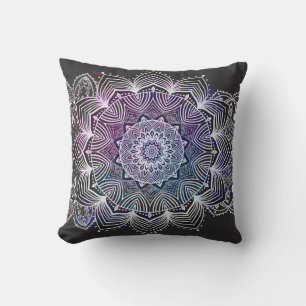 Svart Lila Blå Blommig Mandala Kudde