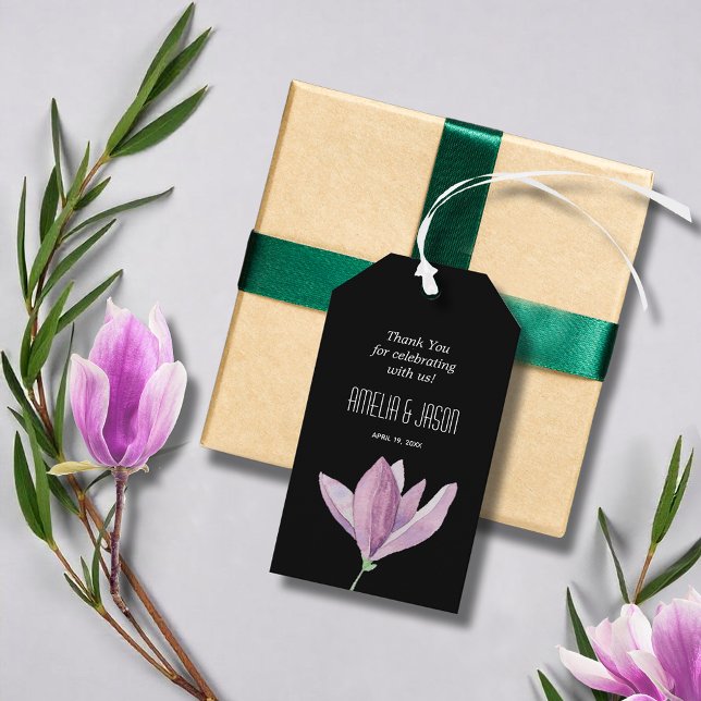 Svart Lila Blommig Tack Presentetikett (Black Purple Floral Thank You Gift Tags)