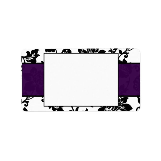 Svart/Lila Blommigt Damask Bröllopsetikett Adressetikett (Framsidan)
