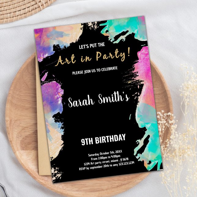 Svart Lila - födelsedag Inbjudningar (9th Black Purple Paint Birthday Invitations)