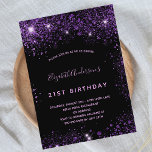 Svart lila glitter dammglamoral inbjudan vykort<br><div class="desc">En giftig och feminin 21:a (eller någon ålder) födelsedagsfest inbjudan. På framsidan: En svart bakgrund för chicen. Dekoreras med mörk lila faux glitter stoft. Anpassa och lägg till information om namn och party. Namn är skrivet med ett handskript stil, light lila färgad brev. Bakåt: vykortsdesign. Tips! Om du inte vill...</div>