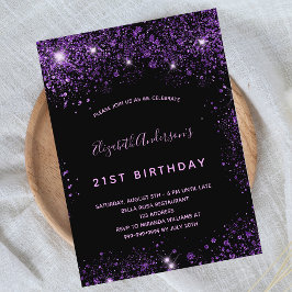 Svart lila glitter dammglamoral inbjudan vykort