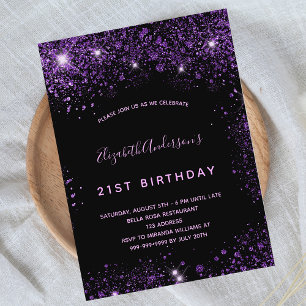 Svart lila glitter dammglamoral inbjudan vykort