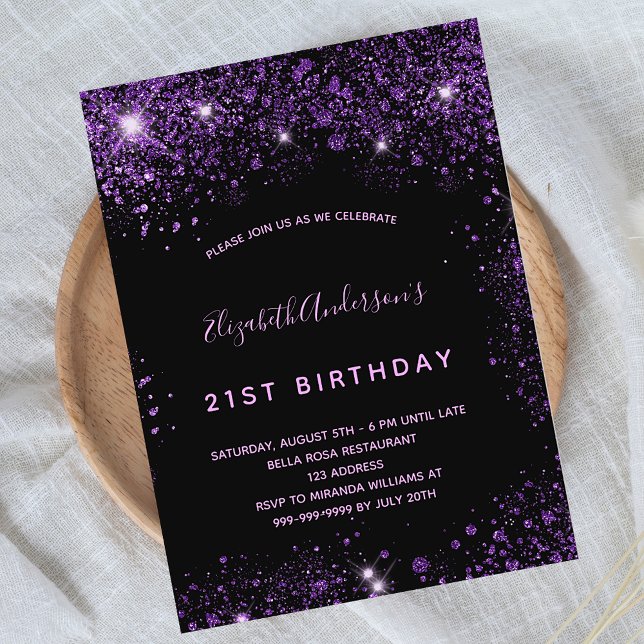 Svart lila glitter dammglamoral inbjudan vykort (Skapare uppladdad)