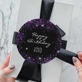 Svart lila glitter dammhuggar kisser på födelsedag runt klistermärke