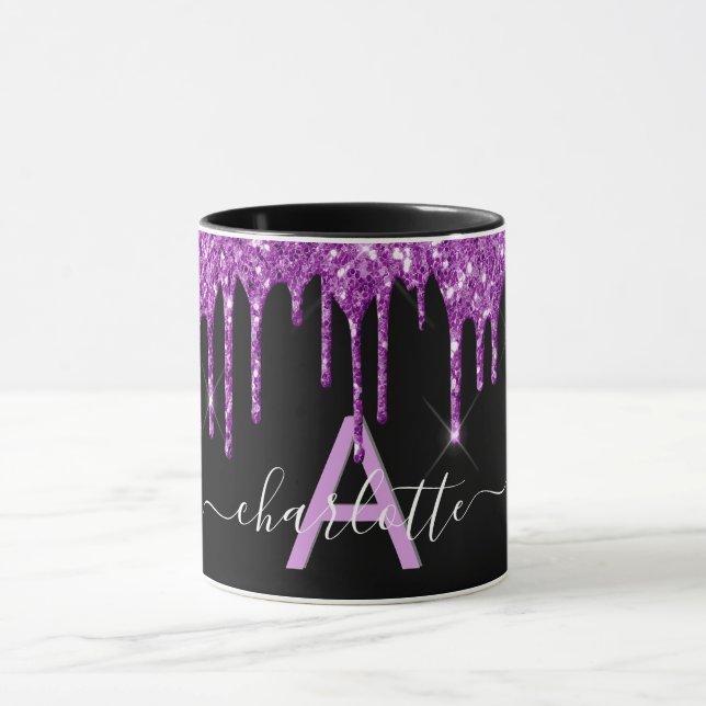 Svart lila glitter droppar monogram namn-skript mugg (Center)