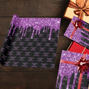 Svart lila glitter droppar namn glam presentpapper