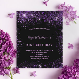 Svart lila glitter födelsedagsinbjudan