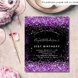 Svart lila glitter-inbjudan flygblad<br><div class="desc">Observera att inbjudan är papper och mycket tunn. Kuvert ingår inte. Om du vill ha mer omfattande inbjudningar (samma design) kan du besöka vår butik. En modern, snyggt och glamorös inbjudan till en 21:a (eller vilken ålder som helst) födelsedagsfest. En svart bakgrund med lila faux glitter stoft. Namn är skrivet...</div>