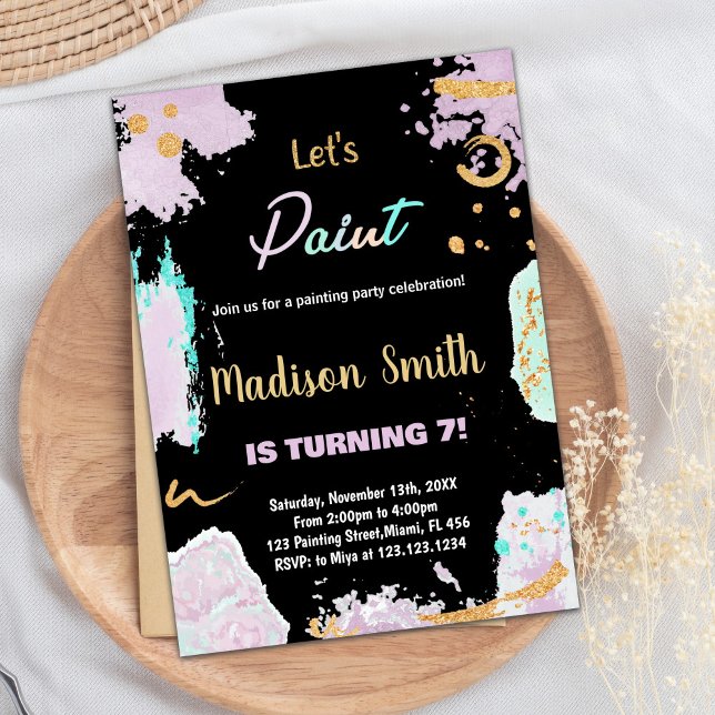 Svart Lila Glitter Paint Birthday-inbjudan Inbjudningar (Black Purple Glitter Paint Birthday Invitations)
