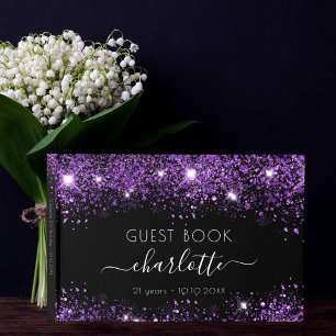 Svart lila glitter stoftmonogram namn gästböcker