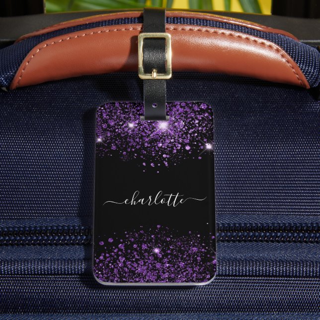 Svart lila glitter stoftmonogram namn-skript bagagebricka (Framsida Insitu 2)