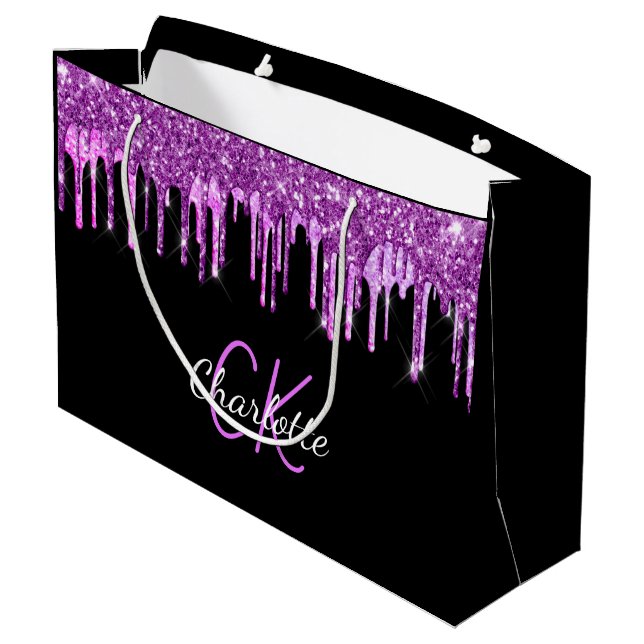 Svart lila glitterdropp monogram glans (Baksidan Vinklad)