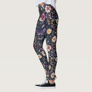 Svart Lila Gul Rosa Blommig Fjärilar Leggings
