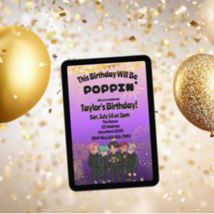 Svart Lila Guld KPOP Pojkar Poppin' Födelsedag Inbjudningar