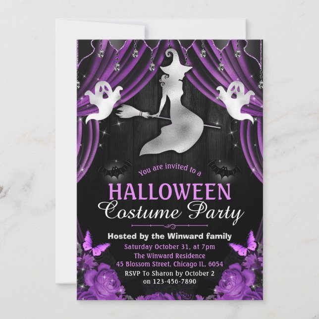 Svart & lila häxa & skimrande gardiner Halloween Inbjudningar (Framsida)