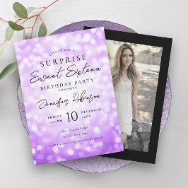Svart Lila Ljus Photo SURPRISE Sweet 16 Inbjudningar