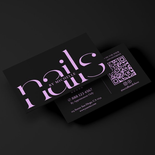 Svart Lila Nagel Tech Monogram Naglar Studio  Visitkort (Black Purple Nail Tech Monogram Nails Studio Business Card
)