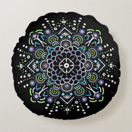 Svart, Lila och Grönt Mandala Ornament Rund Kudde