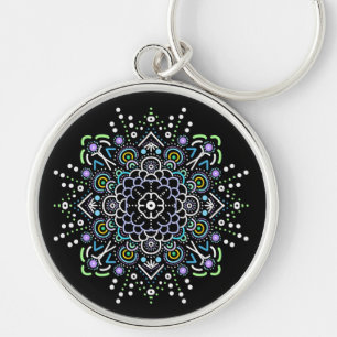 Svart, Lila och Grönt Mandala Rund Silverfärgad Nyckelring