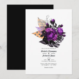 Svart, lila och orange shabby blombröllop inbjudningar