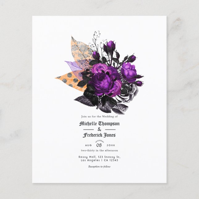 Svart, lila och orange shabby blomsterbröllop flygblad (Framsidan)