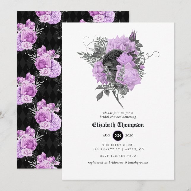 Svart, lila och silver blomster gotisk bröllopsdus inbjudningar (Fram/baksida)