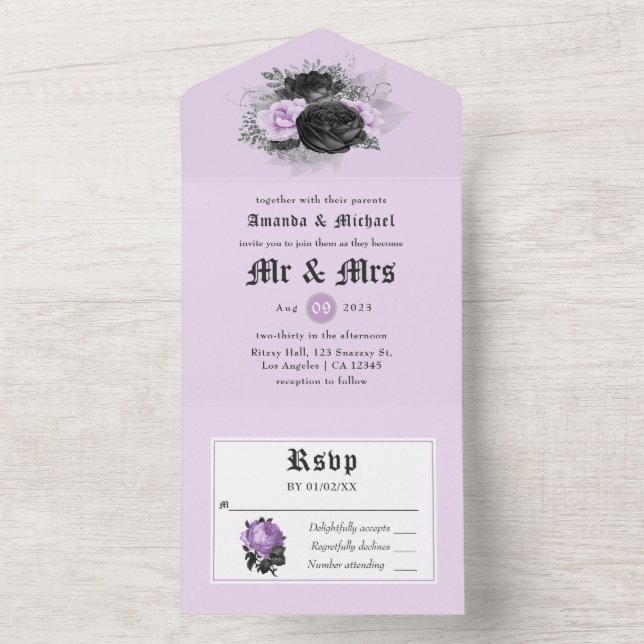 Svart lila och silver blomster gotiskt bröllop all (Insida)