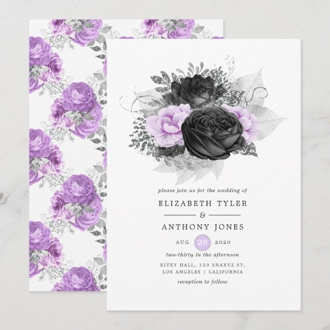 Svart lila och silver blomster gotiskt bröllop inbjudningar (Fram/baksida)