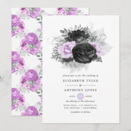 Svart lila och silver blomster gotiskt bröllop inbjudningar