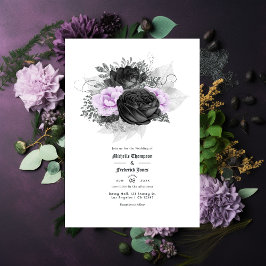 Svart lila och silver blomster gotiskt bröllop inbjudningar