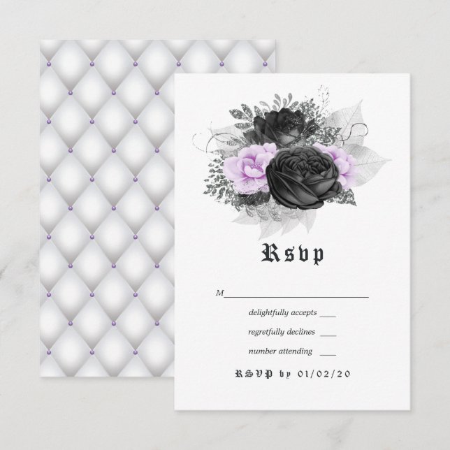 Svart lila och silver blomster gotiskt bröllop OSA kort (Fram/baksida)
