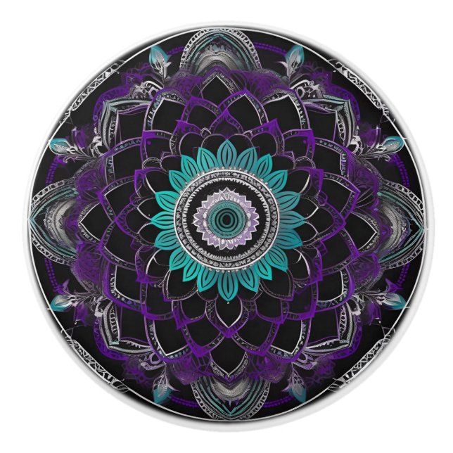Svart, Lila och Teal Mandala Ceramic Knob Knopp (Framsidan)