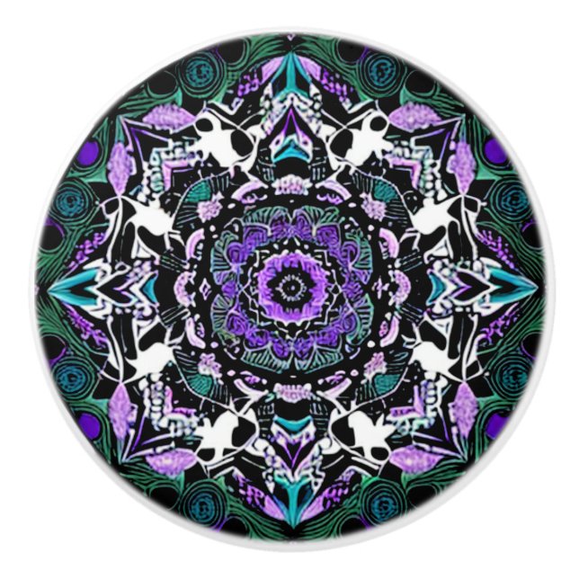 Svart, Lila och Teal Mandala Ceramic Knob Knopp (Framsidan)