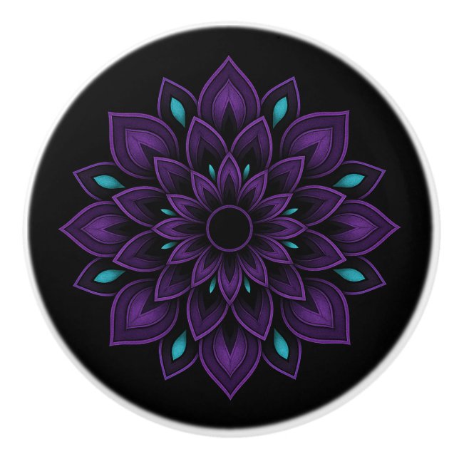 Svart, Lila och Teal Mandala Ceramic Knob Knopp (Framsidan)