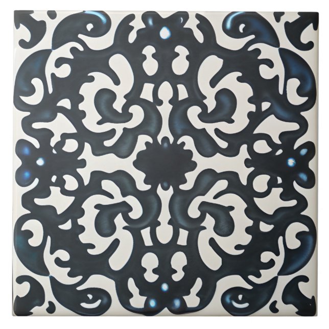 Svart Lila och Teal på vit Tuscan Stil Kakelplatta (Framsidan)