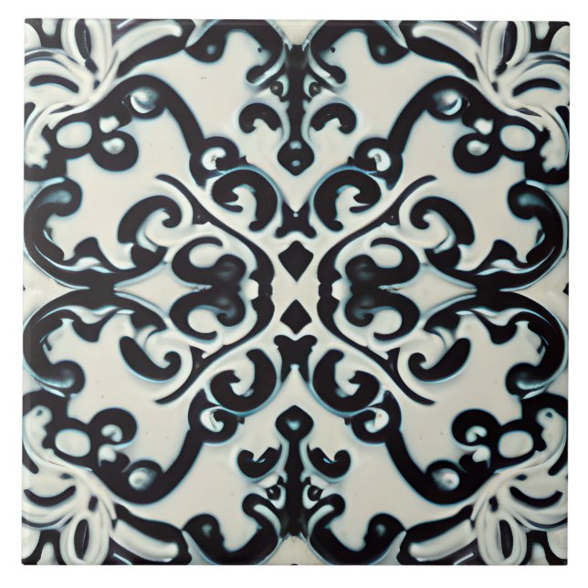 Svart Lila och Teal på vit Tuscan Stil Kakelplatta (Framsidan)