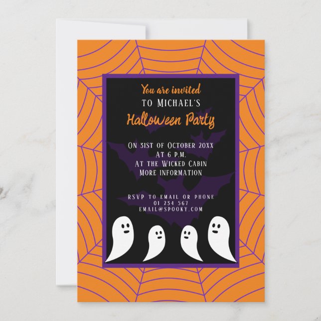 Svart lila orange spindelnät Halloween spöke  Inbjudningar (Framsida)