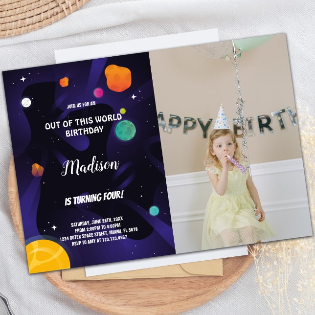 Svart Lila Rymden-födelsedag - hack Inbjudningar (Black Purple Outer Space Birthday Invitations phot)