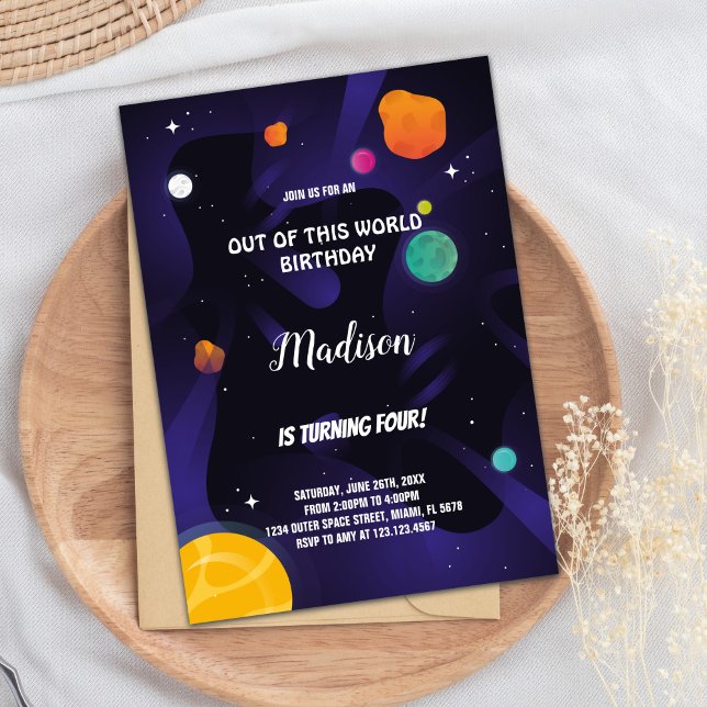 Svart Lila Rymden-födelsedagsinbjudan Inbjudningar (Black Purple Outer Space Birthday Invitations)