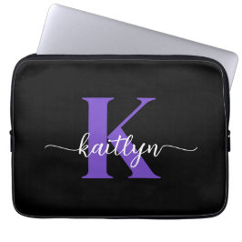 Svart lila skriptmonogram laptop fodral