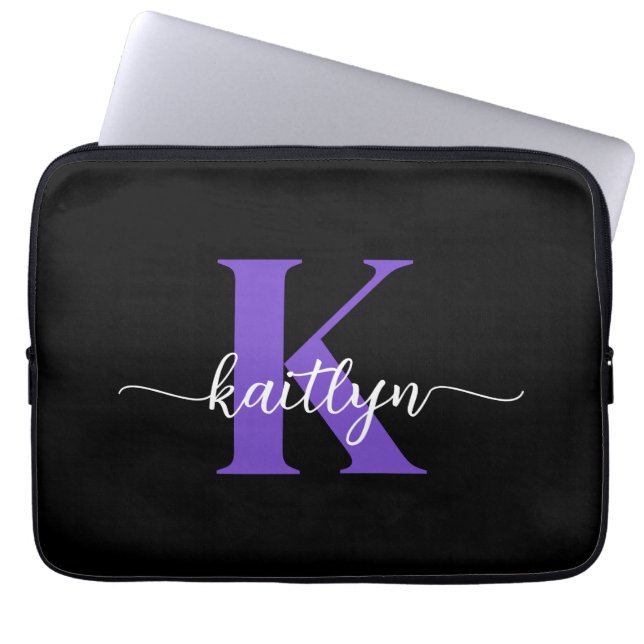 Svart lila skriptmonogram laptop fodral (Framsidan)