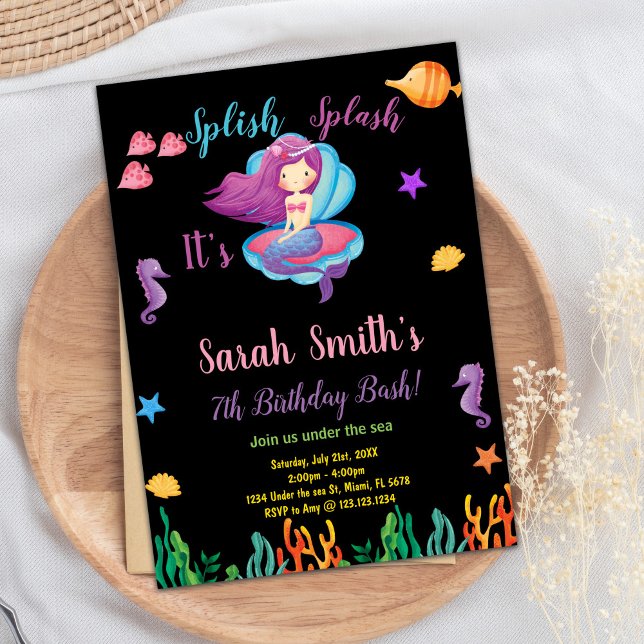 Svart Lila Snäcka Sjöjungfru födelsedagsinbjudning Inbjudningar (Black Purple Shell Mermaid Birthday Invitations)