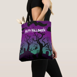 Svart, lila, turkos Happy halloween Tygkasse