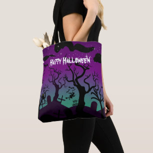 Svart, lila, turkos Happy halloween Tygkasse