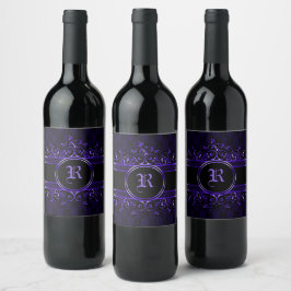 Svart & Lila Utförlig Gotisk Monogram Vinflaska Etikett