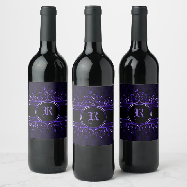Svart & Lila Utförlig Gotisk Monogram Vinflaska Etikett (Flaskor)