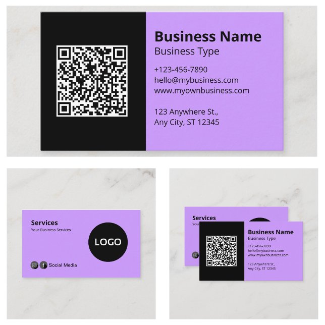 Svart Lilac Business Logotyp Scannable QR-kod Visitkort (Black Lilac Business Logo Scannable QR Code Business Cards)