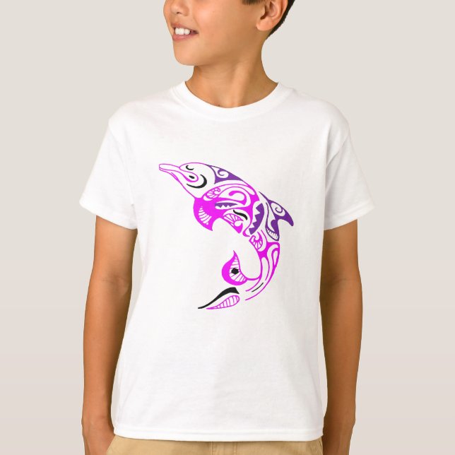 Svart lilor och rosa stam- delfintatueringdesign t-shirt (Framsida)