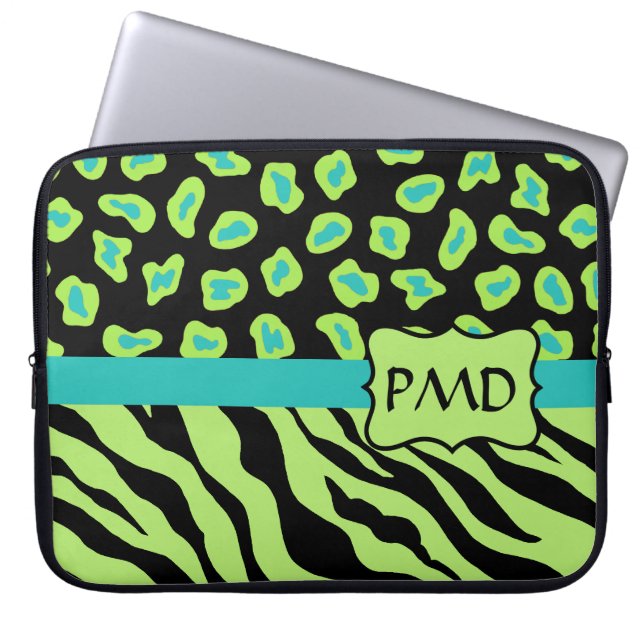 Svart, Lime Green & Turquise Zebra & Cheetah Skin Laptop Sleeve (Framsidan)